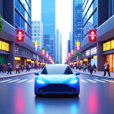 A self-driving car with a sleek, aerodynamic design is navigating through a futuristic urban environment. The car is equipped with advanced sensors and glowing elements. Smart traffic lights are positioned at intersections, displaying bright signals that change dynamically. Skyscrapers with reflective glass surfaces tower in the background, while pedestrians walk on the elevated sidewalks. The scene is illuminated by neon signs and digital billboards, adding vibrant colors to the urban landscape.