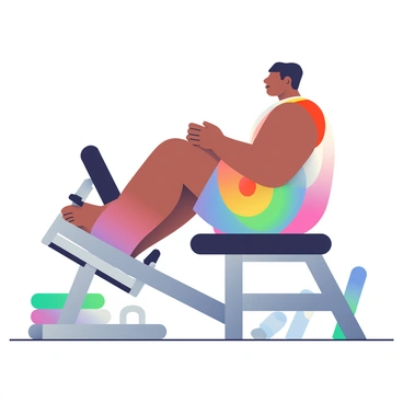 A person with medium skin is using a leg press machine in a gym setting. They are wearing a rainbow-themed tank top and matching shorts that feature bright colors like red, orange, yellow, green, blue, and purple. Their hair is styled in a short, sporty cut. The leg press machine is metallic gray and has a black padded seat. The person is pushing the footplate with their legs, showing defined muscles as they exert effort. In the background, there are various gym equipment pieces, including weights and exercise mats.
