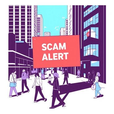 A bright red sign is prominently displayed against the backdrop of a bustling city street. The sign features the words "Scam Alert" in bold, white letters that stand out clearly. Surrounding the sign are tall buildings with glass windows reflecting the city life. Pedestrians are walking by, some glancing at the sign while others are engaged in their activities. The scene captures the vibrant energy of the city, with a clear blue sky above.