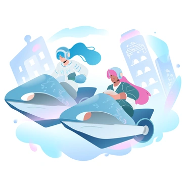 Two anime characters are racing on futuristic hover-bikes. One character has vibrant blue hair, wearing a sleek racing suit adorned with glowing designs. The other character has bright pink hair, donning a high-tech helmet and a streamlined outfit. The hover-bikes are designed with sharp lines and glowing accents, giving them a dynamic appearance. A neon-lit city surrounds them, with tall skyscrapers covered in bright advertisements and holographic displays. The colorful lights reflect off the sleek surfaces of the hover-bikes as they speed through the bustling streets.