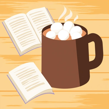A steaming mug of hot cocoa is placed on a rustic wooden table. The mug is dark brown and filled to the brim with rich cocoa, topped with fluffy white marshmallows that float on the surface. Beside the mug, there is an open book with aged pages, its text visible, creating a cozy atmosphere. The wooden table has a warm, textured surface, enhancing the inviting scene.