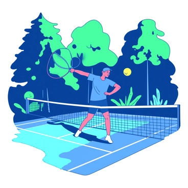 A blue tennis player is in a dynamic pose, hitting a yellow tennis ball with a racket on a unique court that has a colorful design. The court is surrounded by tall, dense trees with rich green foliage, providing a vibrant backdrop. Patches of sunlight filter through the leaves, casting dappled shadows on the court. The player's focused expression conveys determination as they practice their swings. In the background, a variety of forest plants add to the natural atmosphere.