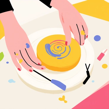 A close-up view of an artisan's hands skillfully shaping a bright, abstract ceramic piece on a potter's wheel. The hands are covered in wet clay, with a few colorful splashes of paint in shades of blue, yellow, and red. The potter's wheel is spinning smoothly, creating a sense of motion. The background features various ceramic tools scattered about, such as sculpting knives and sponges, adding to the artisan's workspace atmosphere. The vibrant ceramic piece takes form with swirling patterns, showcasing the creativity and craftsmanship involved in pottery.