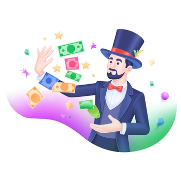 A magician in a black top hat is in the process of pulling out "colorful currency notes" in various shades of red, blue, green, and yellow. The magician is dressed in a classic black tuxedo with a white shirt and red bow tie. Around the magician's hand, sparkling stars and confetti are floating in the air, adding to the magical atmosphere. The background features a soft pastel color gradient that highlights the scene, creating a whimsical and enchanting setting.