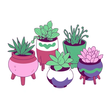 A charming arrangement of various succulents in decorative pots against a bright background.