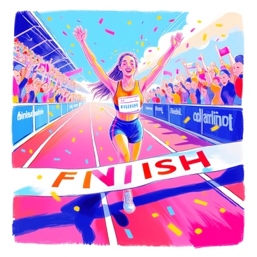 A female athlete is crossing the finish line first in a race. She has long, flowing hair tied back in a ponytail, and is wearing a bright, fitted athletic outfit. Her arms are raised high in the air, displaying her joy and triumph. The finish line banner is stretched across the track, with colorful confetti falling around her. In the background, a cheering crowd is visible, with some spectators waving flags and others clapping. The sun is shining brightly, casting shadows on the track.