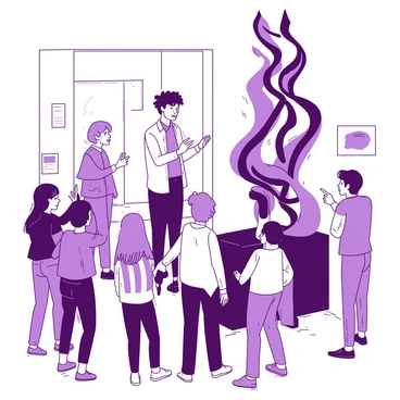 An artist with short black hair is standing beside a large, intricate iron sculpture. The sculpture features swirling shapes and sharp angles, reflecting the creativity of the artist. The audience, consisting of diverse individuals, is gathered in front of the artist, looking intrigued and engaged. Some audience members are taking notes, while others are pointing at the sculpture. The setting is an indoor gallery space with bright lighting that highlights the texture of the iron. The artist is gesturing toward the sculpture, emphasizing its artistic significance.