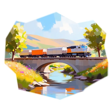 A cargo train crossing a wooden bridge over a small river in the countryside