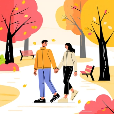 A couple holding hands while walking through a park filled with trees displaying vibrant orange, red, and yellow leaves. The ground is covered with a thick layer of crunchy autumn leaves, with some leaves gently falling from the trees above. The couple appears happy and engaged, wearing light jackets suitable for the cool weather. In the background, there are benches and a winding path framed by trees that create a cozy, inviting atmosphere.