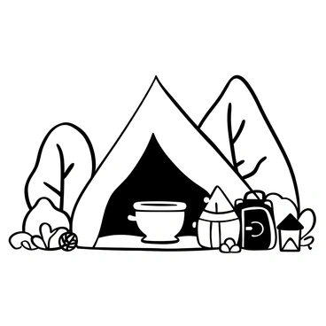 A small, child-sized potty is positioned inside a cozy tent. The tent is made of fabric with a simple pattern, set on a soft patch of grass. Nearby, there are camping supplies such as a folded sleeping bag and a small backpack. Tree trunks and bushes can be seen through the open tent flap, suggesting a lush forest environment. A lantern emits a faint glow, providing a sense of warmth to the scene. There are scattered pinecones and leaves on the ground outside the tent.