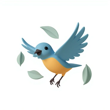 A small bird, with vibrant blue feathers and a yellow belly, is flapping its wings rapidly while hovering in mid-air. Its wings are a blur of motion, reflecting light as they catch the sunlight. The bird's eyes are wide and focused, and its tiny feet are pulled close to its body. In the background, soft green leaves are visible, creating a natural setting that enhances the bird's dynamic pose.