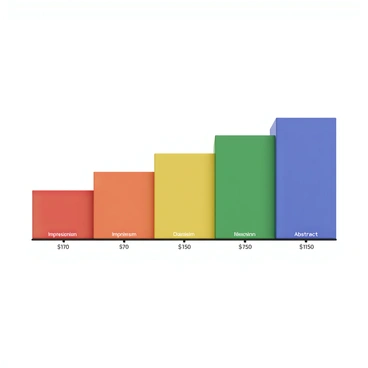 A spectrum chart featuring a horizontal gradient showcasing various art styles. Each section of the spectrum includes labels for different art styles such as "Realism," "Impressionism," "Cubism," and "Abstract." Each segment is filled with a unique color that corresponds to that style. Alongside the spectrum, there is a vertical axis that displays associated costs, marked with numerical values. The chart is neatly organized, with clear lines and markers indicating the transition between styles and their respective price points.