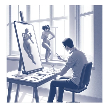 An artist sitting at an easel, focused on sketching a live figure model. The model is posed in a dynamic stance, showcasing strong anatomy and fluid lines. Sunlight streams through large windows, casting shadows and highlighting the contours of the model's form. The studio is filled with art supplies, including pencils, charcoal, and sketchbooks scattered around. The artist's hand is seen moving across the paper, capturing the essence of the pose.