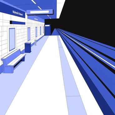 A nearly empty metro station platform is depicted at night. The platform is illuminated by soft, warm lighting that casts gentle shadows across the surface. In the background, there are tiled walls with signage displaying station names. A single bench sits on one side of the platform, and faint reflections can be seen on the polished floor. A distant view of tracks extends into the darkness, suggesting the presence of an approaching train. The atmosphere appears quiet and calm, with a few scattered elements such as a trash can and an informational display board.