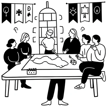"Jeanne d'Arc" stands at the head of a wooden table, pointing to a large map spread across its surface. Several "noblemen" are gathered around the table, some leaning in closely to examine the map, while others hold quills and parchment, jotting down notes. "Candles" flicker on the table, casting shadows on their serious expressions. The room has stone walls and a large window that lets in light, revealing banners and insignias hanging in the background. A "sword" rests on the table, symbolizing the discussions of battle strategies taking place.