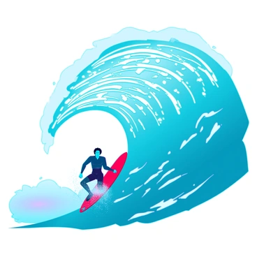 A surfer riding a massive wave with a streamlined body and a determined expression. The wave is towering above, with intricate, abstract patterns emerging in the water, resembling swirling colors and geometric shapes. The sunlight shines through the wave, creating a dazzling effect on the water surface, enhancing the vibrancy of the patterns. The surfer's board is bright red, contrasting sharply against the turquoise blue of the ocean. Water droplets are flying off the wave, capturing the motion and energy of the scene.