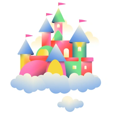 A large castle made entirely of colorful balloons is floating high in the sky. The structure features bright red, blue, yellow, and green balloons, shaped into turrets and arches. Fluffy white clouds surround the castle, creating a soft backdrop. The balloons vary in size, some inflated tightly while others are slightly deflated. The sunlight shines through some of the translucent balloons, illuminating them with a gentle glow. Below the castle, a few fluffy, bright white clouds drift peacefully, adding to the whimsical scene.