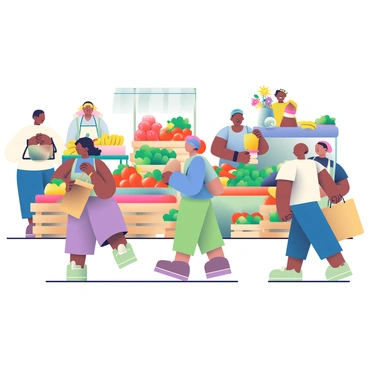 A bustling market scene is filled with various stalls displaying fresh produce. The stalls are adorned with bright red tomatoes, green leafy vegetables, and yellow bananas. People of different ages and backgrounds are shopping, some carrying reusable shopping bags filled with groceries. A woman with curly hair is selecting oranges from a wooden crate, while a man with a blue shirt is examining a bunch of grapes. In the background, a vendor is arranging colorful flowers in a vase, adding vibrancy to the atmosphere. The scene is lively, with shoppers chatting and children running nearby, creating an energetic, community-focused environment.