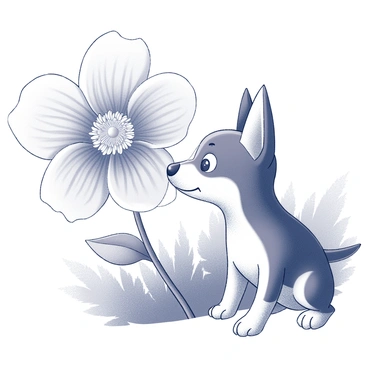A dog with its nose close to a vibrant flower, sniffing it curiously