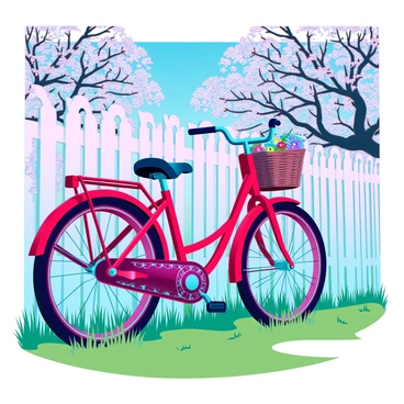 A vintage red bicycle with a glossy finish and intricate designs on its frame rests against a white picket fence. The bicycle features a wicker basket attached to the handlebars, filled with colorful flowers. The scene is set in a sunny park with green grass and blooming trees in the background. Sunlight filters through the leaves, casting dappled shadows on the ground around the bicycle. A clear blue sky complements the vibrant colors of the bicycle and the surrounding nature.