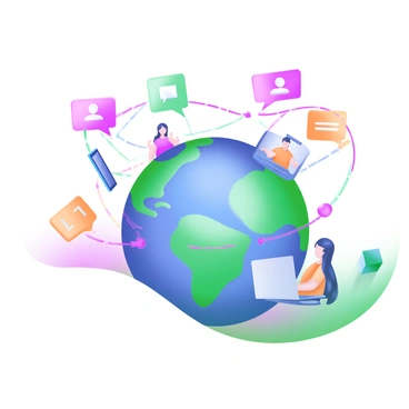 A modern pastel illustration depicting a globe with various people connected by colorful lines representing digital communication. The globe is surrounded by icons such as speech bubbles, smartphones, and laptops. Each person is shown in a different pose, engaging with technology, and is placed at different locations around the globe. The background features soft pastel colors that enhance the interconnected theme.