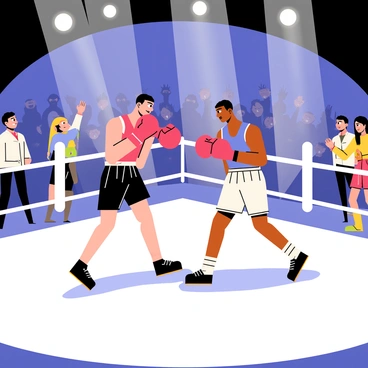 Two boxers in a fierce match, with the crowd and bright lights in an arena setting.