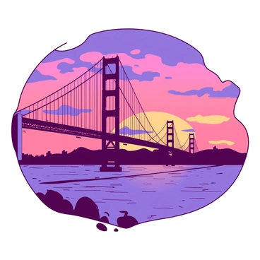 The "Golden Gate Bridge" stands majestically against a backdrop of a vibrant sky. The bridge is illuminated in warm shades of "golden" as the sun sets, casting long shadows across the water below. The details of the bridge's intricate cables and towers are highlighted by the soft light. Reflections shimmer on the surface of the bay, enhancing the "golden" ambiance of the scene. Silhouetted against the glowing horizon, the cityscape can be faintly seen in the distance, completing the picturesque view just before nightfall.