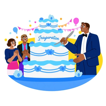 A large cake with multiple tiers, covered in blue and white frosting, sits on a beautifully decorated table. The cake features intricate designs of flowers and ribbons made from fondant. A person in formal attire is holding a knife, poised to cut a slice from the top tier. Surrounding the cake are colorful party decorations, including balloons and streamers. "Inauguration Celebration" is written in elegant script across the front of the cake. Guests in the background are smiling and clapping, capturing the joyful atmosphere of the party.