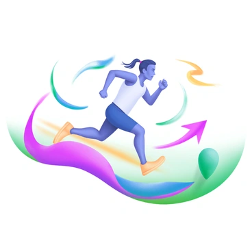 A modern pastel illustration featuring a runner in motion. The runner is depicted with elongated limbs and a dynamic posture, suggesting speed. Surrounding the runner are vibrant swirls of color, with hues of blue, pink, and yellow creating a sense of movement. The ground beneath the runner is illustrated with streaks of color, enhancing the feeling of rapid motion. The background is softly blurred to further emphasize the runner's speed.
