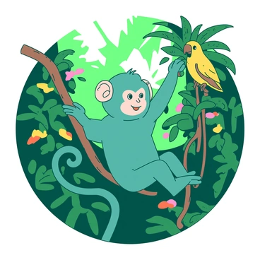 A teal monkey is swinging playfully on a thick, brown vine in a vibrant rainforest. The monkey has a cheeky expression and its tail is curled around the vine for balance. Nearby, a bright yellow parrot is perched on a green branch, its feathers glistening in the sunlight filtering through the leaves. The background consists of lush green foliage, with hints of orange and pink flowers peeking through the leaves. Light dapples across the scene, creating an atmosphere of lively activity in the dense jungle.