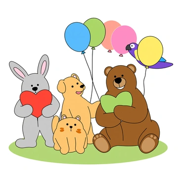 A cheerful collection of cartoon animals is gathered together, each holding a different colored heart-shaped balloon. On the left, there is a playful gray rabbit with large ears and a big smile, gripping a bright red balloon. Beside the rabbit, a fluffy yellow dog with a wagging tail holds a blue balloon with its mouth. In the center, a small orange cat with wide eyes proudly clutches a green heart-shaped balloon with its paw. Next, a cheerful purple parrot flutters above the others, grasping a pink balloon with its claws. Finally, a brown bear, sitting contently on the grass, holds a yellow balloon with its paw, surrounded by a vibrant rainbow of colors in the balloons. Each animal exhibits a joyful expression, capturing the essence of friendship and celebration.