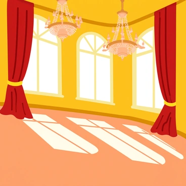 A grand ballroom with elegant, flowing drapes swaying gently in the wind. The light filters through large, ornate windows, casting patterns on the polished wooden floor. A few glittering chandeliers hang from the ceiling, adding sparkle to the atmosphere. The drapes, in rich shades of deep red and gold, flutter softly as a chilling breeze sweeps through the room. The air carries a sense of movement and energy, creating a lively scene.