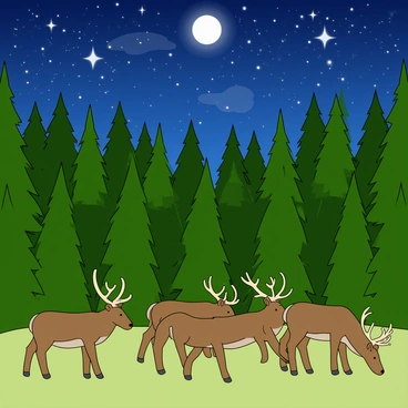 A dense forest with tall, green trees and dense foliage. In the foreground, a group of reindeer are grazing on the soft, grassy ground. Their antlers are branching and they have thick, brown fur. Above them, a sky filled with bright, twinkling stars glimmers, with a few clouds scattered throughout. The moon shines brightly, casting soft light over the reindeer and the forest floor. The scene conveys a peaceful, natural setting under the night sky.