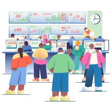 A busy stock exchange floor is filled with traders of varying ethnicities, all focused on the fast-paced environment. Some traders are holding stacks of papers, while others are intently looking at multiple screens displaying rapidly changing numbers and graphs. The atmosphere is energetic, with a few traders gesturing enthusiastically as they communicate with one another. In the background, large electronic boards show stock prices, with bright red and green figures indicating fluctuations. The floor is cluttered with desks and monitors, and a large clock on the wall shows the time ticking down.