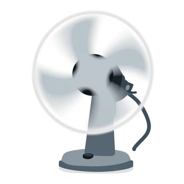 An electric fan with a sleek, metallic design is positioned against a light-colored background. The fan has three blades that appear to be spinning rapidly, creating a sense of motion. The blades are depicted with a blur effect, emphasizing their speed. The fan's base is sturdy and features a control knob visible on the side. The overall scene conveys the dynamic movement of the fan as it cools the space around it.