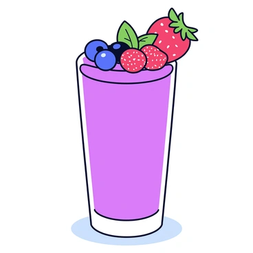 A tall glass filled with a creamy berry smoothie, showcasing a vibrant purple hue. The top of the smoothie is decorated with a sprig of fresh green mint leaves. Various colorful berries, including bright red strawberries, deep blue blueberries, and plump blackberries, are artistically arranged on the surface of the smoothie. The glass is placed on a simple white countertop.