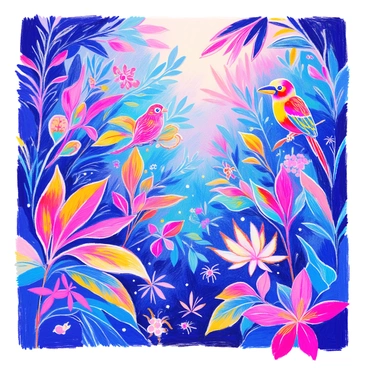 An electric jungle with bright foliage and glowing animals hidden in the shadows