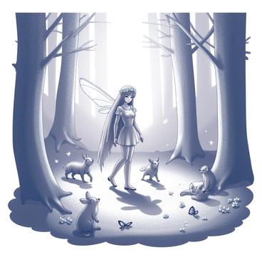 A hidden glade within a dense forest. The ground is covered with soft moss and scattered wildflowers. In the center, a regal fairy queen stands with her delicate wings partially unfurled. She has long flowing hair adorned with small flowers. Surrounding her are various enchanting creatures, including a small rabbit with large ears, a curious fox with bright eyes, and several butterflies fluttering around. Sunlight filters through the tall trees, casting dappled shadows on the glade. The atmosphere is alive with the presence of these magical beings.