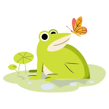 A green frog sitting on a lily pad, its wide eyes focused intently on a colorful butterfly that is landing gently on its nose. The frog's smooth skin glistens in the sunlight, while the butterfly has delicate wings with intricate patterns of orange and black. Surrounding them are soft green leaves and reflections of the water in the background, enhancing the tranquil scene. The frog's body is slightly tensed in curiosity, capturing the moment of wonder.
