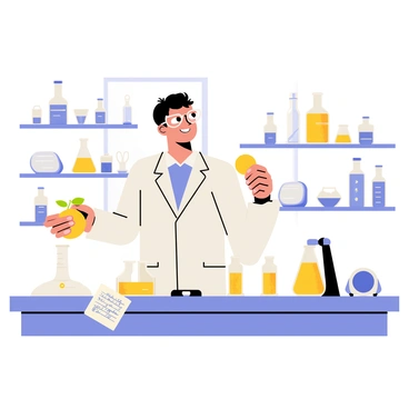A scientist wearing a white lab coat and safety goggles is standing at a laboratory bench. The bench is cluttered with various glass beakers and test tubes filled with bright yellow liquid. The scientist is holding a lemon in one hand and is carefully pouring a few drops of the liquid into a small glass vial. A notepad with handwritten notes is positioned beside the scientist, and a digital scale is nearby. The background shows shelves filled with laboratory equipment and a window with light streaming in, highlighting the focus on the experiment.