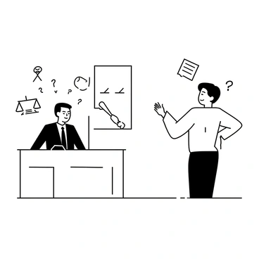 A person standing in a courtroom, wearing a formal suit, appears to be dodging questions from a judge seated at a bench. The individual has a focused expression, with one hand raised as if to deflect the inquiries. Around them are various symbols representing issues, such as a gavel, documents, and scales of justice, all in motion as if they are being juggled. The courtroom features a wooden backdrop and a large window letting in light, contributing to the serious atmosphere.