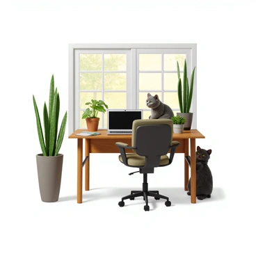 A home office setup featuring a modern wooden desk with a sleek laptop open on its surface. The desk is adorned with several potted plants of varying sizes, including a tall snake plant and a small succulent, adding a touch of greenery to the space. A comfortable ergonomic chair is positioned in front of the desk. Beside the window, a fluffy gray cat is lounging on a sunbeam, stretching and looking content. Natural light filters through the window, illuminating the workspace and creating a warm atmosphere.