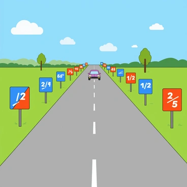 A long, straight highway stretching into the distance, bordered by green grass on either side. Numerous colorful road signs are positioned along the roadside, each sign displaying different fractions such as "1/4", "1/2", and "4/5" in large, bold numbers. The sky is bright blue with a few fluffy white clouds scattered throughout. A car is seen driving down the highway, its headlights on, and a couple of trees are visible in the background, adding to the lively atmosphere. The road is freshly paved with clear lane markings and a dashed center line.