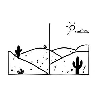 An illustration board divided in half. One half depicts a scorching, sandy desert with rolling dunes under a blazing sun. Cacti and sparse vegetation are scattered across the landscape. The sky above is clear, with a few wispy clouds. The texture of the sand is visible, with ripples created by the wind.