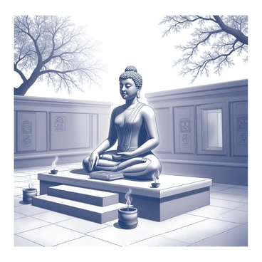 A large "Adiyogi statue" is positioned prominently in the center of a "tranquil temple courtyard." The statue portrays a serene figure seated with eyes closed in meditation, displaying intricate details and textures in the stone. Surrounding the statue, there are several stone steps leading up to it, adorned with "incense holders" that emit wisps of "smoke" rising into the air. The courtyard is surrounded by "stone walls" with carvings and motifs, creating a peaceful atmosphere. Several small "potted plants" are arranged around the statue, enhancing the natural and serene setting. "Sunlight" filters through the overhead branches of nearby trees, casting gentle shadows on the ground.