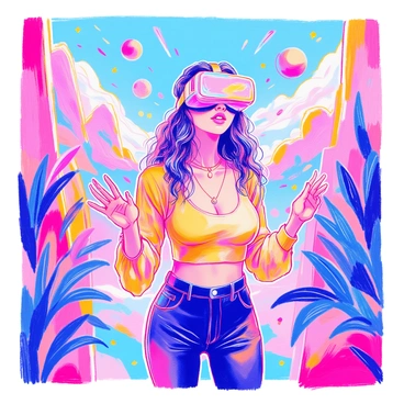 Dua Lipa is standing in a vibrant virtual reality world, fully immersed in the experience. She is wearing sleek VR goggles that cover her eyes, with a futuristic design featuring glowing accents. Her hair is styled in loose waves, cascading down her shoulders. She is dressed in a stylish outfit, consisting of a fitted crop top and high-waisted pants. Surrounding her are vivid digital landscapes, with colorful geometric shapes floating in the air and a dazzling array of lights. Her expression is one of excitement and curiosity as she reaches out with her hands, interacting with the elements in this digital realm.