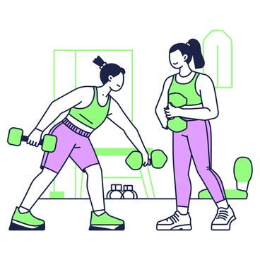 Two friends are in a gym, engaged in a workout session with dumbbells. One friend is bent over, performing a dumbbell row with a green dumbbell in her right hand, her focus directed towards her form. She has short hair tied back and wears a tank top and athletic shorts. The other friend stands beside her, also holding a green dumbbell, offering verbal encouragement with a smile. This friend has long hair pulled back into a ponytail and is dressed in a fitted sports bra and leggings. In the background, gym equipment such as a bench and weights can be seen, creating an active atmosphere.