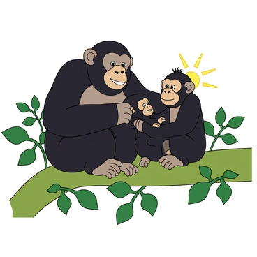 A family of three chimpanzees sitting closely together on a sturdy green branch. The largest chimpanzee, with dark fur and a playful expression, is gently grooming the small baby chimpanzee, who has bright eyes and a tuft of fur on its head. The middle chimpanzee, slightly smaller, is sitting beside them, looking curiously at the baby while occasionally reaching out to touch its fur. Leaves surround them, adding a vibrant green backdrop, and the sun casts soft light, illuminating their playful interaction.