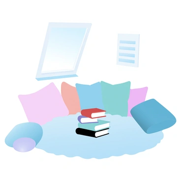 A reading nook is set up in a warm corner of a room, featuring a small window that allows a gentle breeze to pass through the vent nearby. The nook is adorned with several cozy pillows in various sizes and colors, scattered comfortably around a plush floor rug. In the center, a stack of books lies neatly piled, their covers inviting and colorful, waiting to be opened. Soft, warm light filters in, creating a welcoming atmosphere in this intimate space.