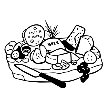 A rustic wooden cheese board is displayed, featuring a variety of cheeses including "raclette," "brie," and "cheddar." There are slices of crusty bread arranged beside the cheeses. A small bowl of honey and a few sprigs of rosemary are placed on the board. Pieces of fresh fruit, such as grapes and figs, are scattered around the cheeses. A cheese knife rests on the board, ready for use. The overall composition is inviting and abundant.
